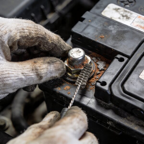 Крупный план чистки клемм автомобильного аккумулятора от коррозии